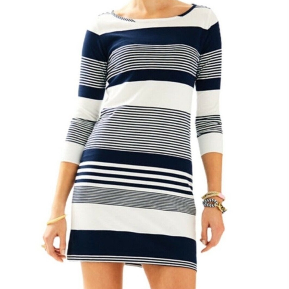 Lilly Pulitzer Marlow Boatneck Cotton Dress Navy and White Stripe
